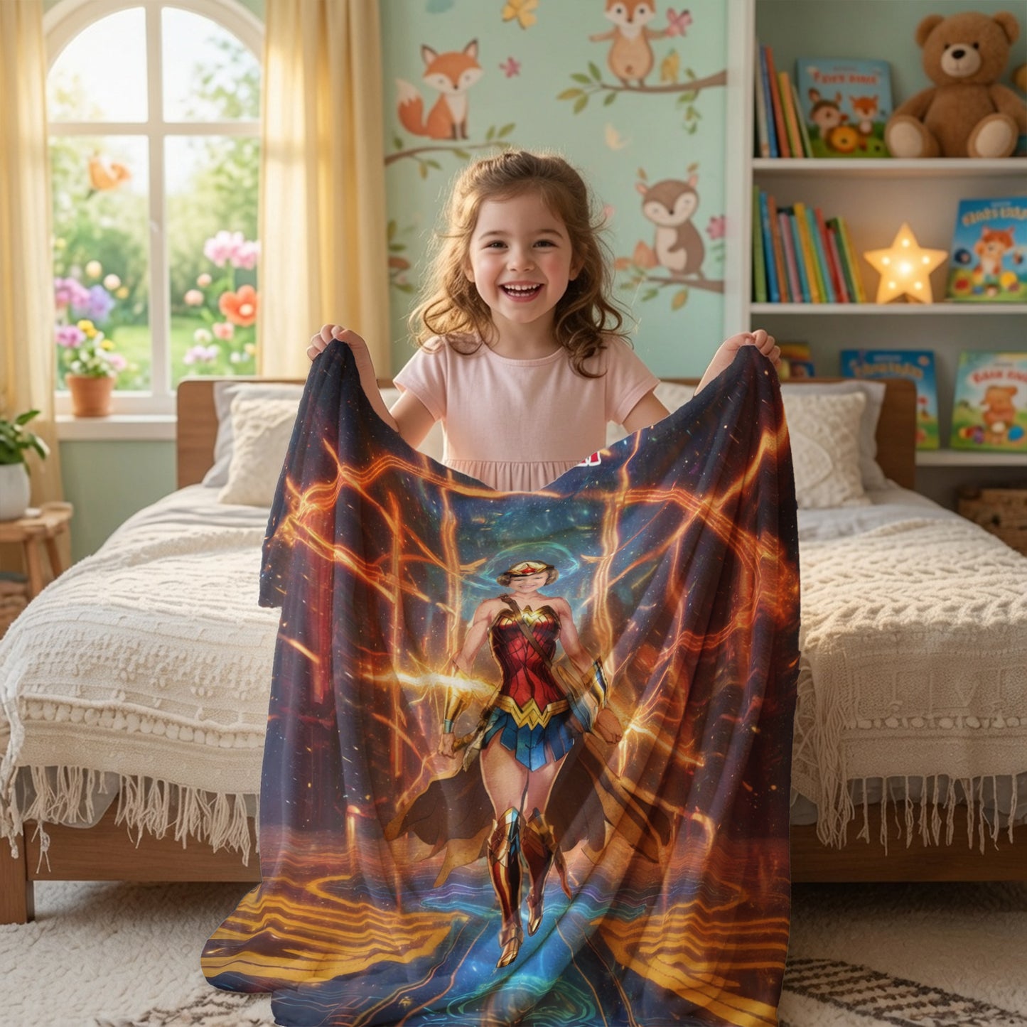 Personalized Superhero Girl Photo Blanket - Custom Face Wonder Hero Fleece Blanket