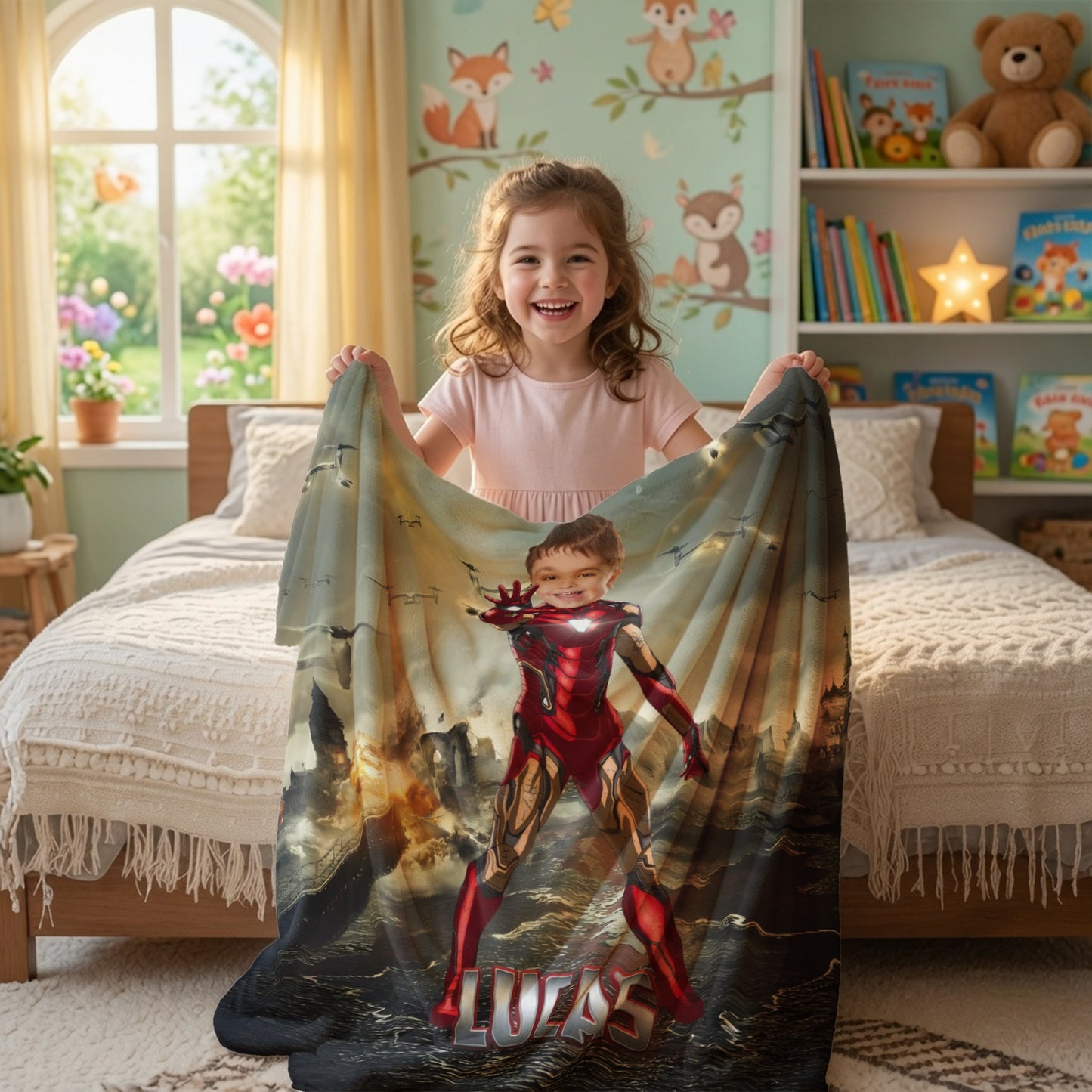 Personalized Iron Superhero Photo Blanket for Kids – Custom Face & Name Fleece Throw Gift