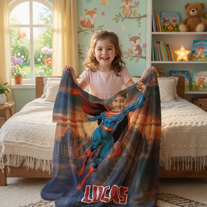 Personalized Superhero Flying Photo Blanket for Kids – Custom Face & Name Fleece Throw Gift