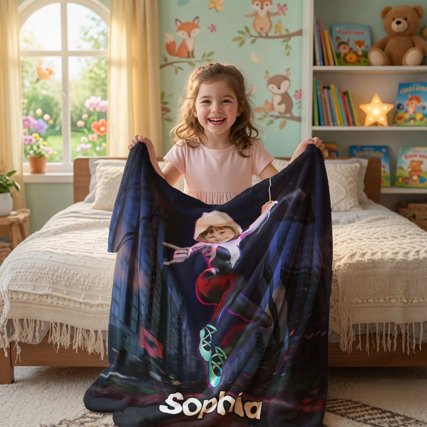 Personalized Spider Girl Photo Blanket - Custom Superhero Face Blanket for Girls