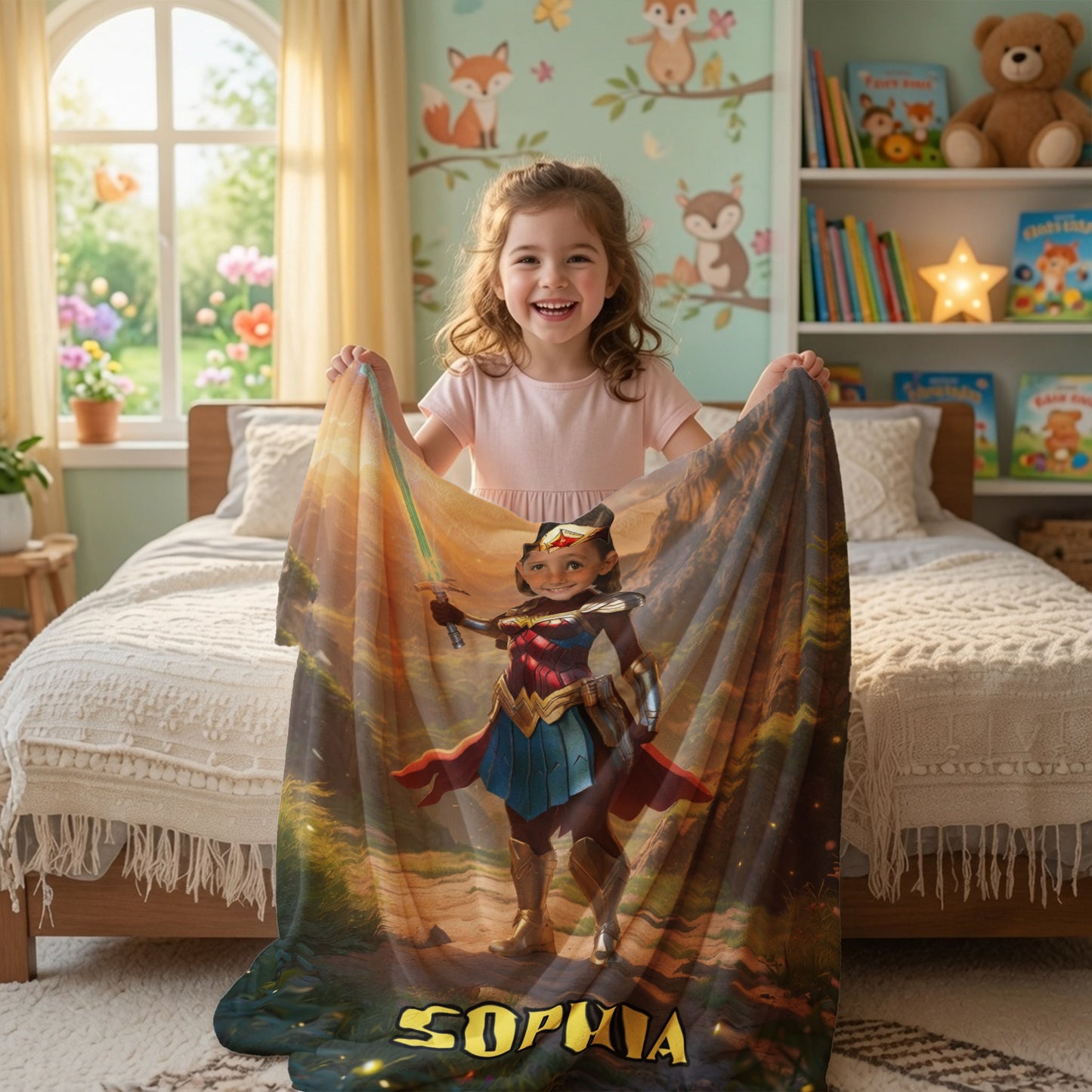 Personalized Wonder Woman Blanket Custom Photo Superhero Throw Blanket for Girls