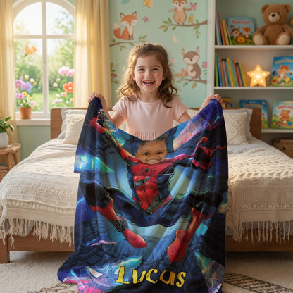 Personalized Spider Hero Blanket with Photo - Custom Kids Superhero Fleece Blanket