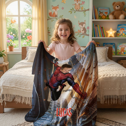 Personalized Spider Superhero Swing Photo Blanket for Kids – Custom Face & Name Fleece Throw Gift