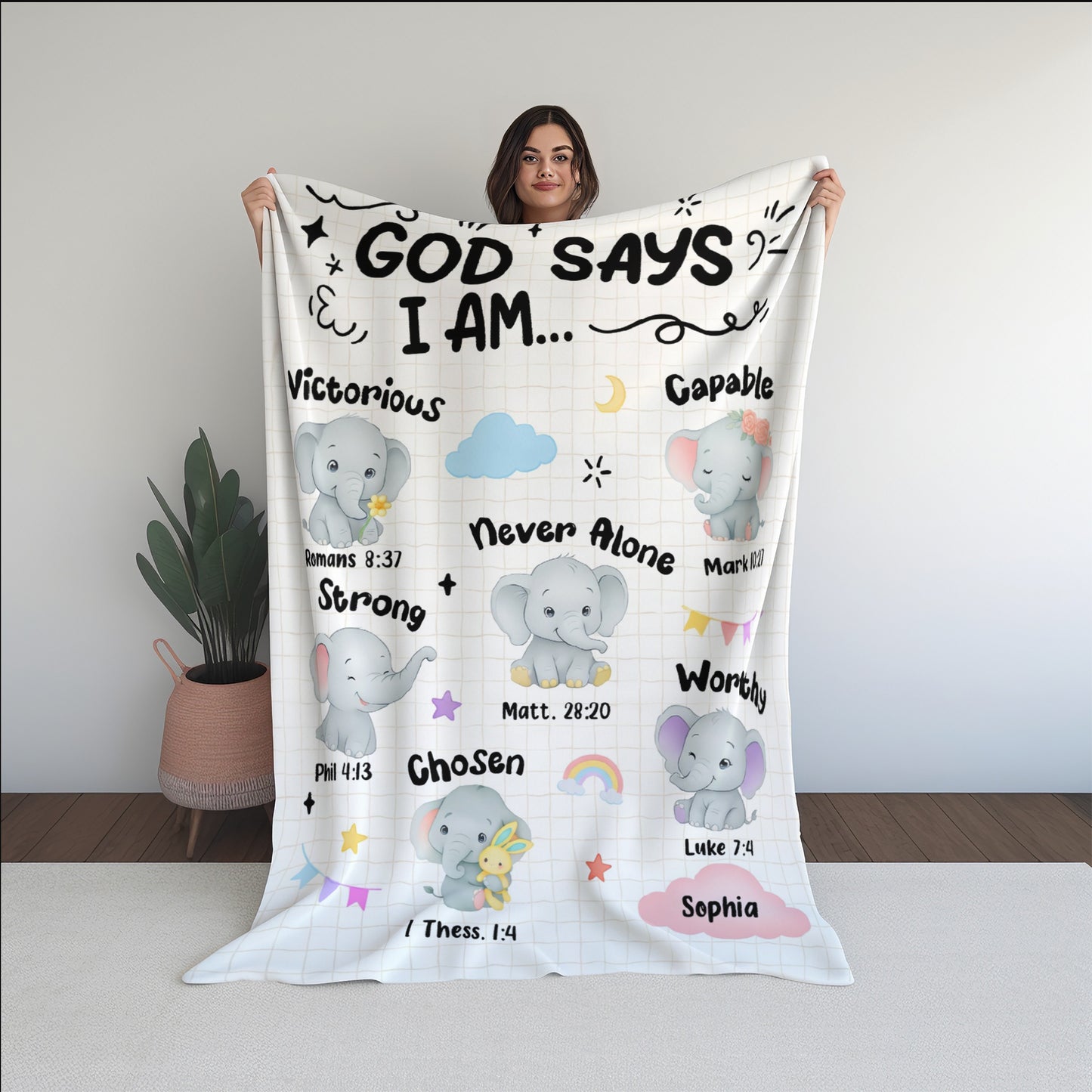 Personalized Christian Elephant Blanket for Girls