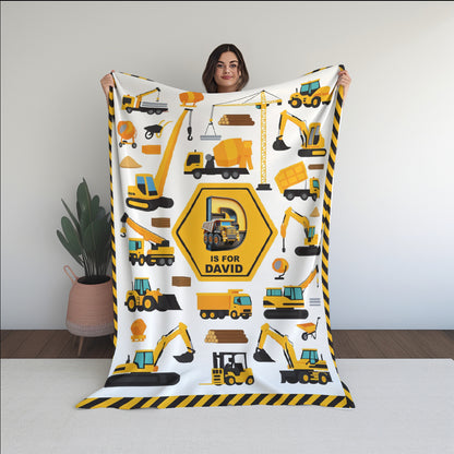 Personalized Construction Vehicle Blanket for Boys