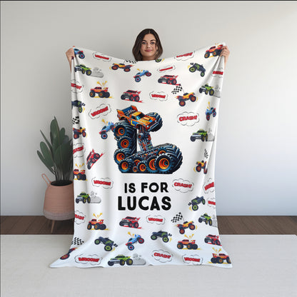 Personalized Monster Truck Blanket for Boys - Custom Name Truck Blanket