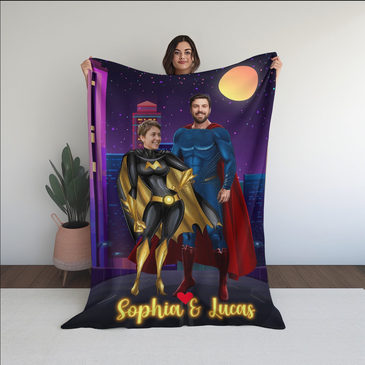 Personalized Superhero Couple Photo Blanket – Custom Two Faces & Names Fleece Throw Gift for Couples