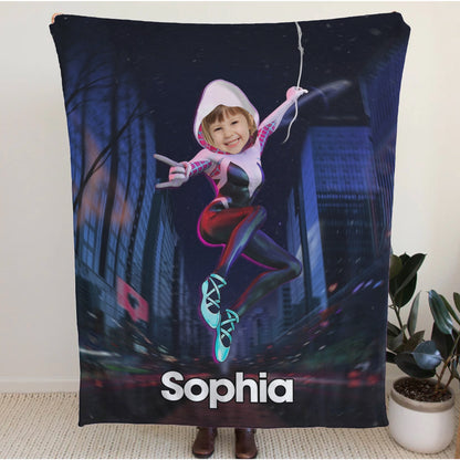 Personalized Spider Girl Photo Blanket - Custom Superhero Face Blanket for Girls