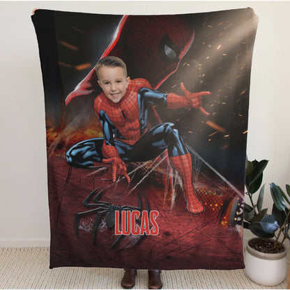 Personalized Spider Superhero Photo Blanket - Custom Face Hero Blanket for Boys