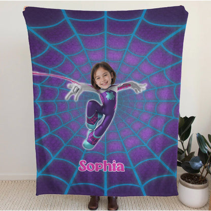 Personalized Spider Girl Photo Blanket - Custom Superhero Face Blanket for Girls