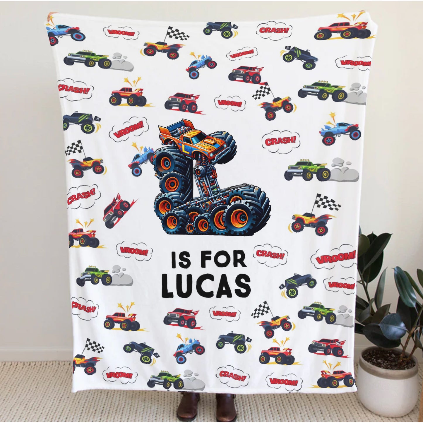 Personalized Monster Truck Blanket for Boys - Custom Name Truck Blanket