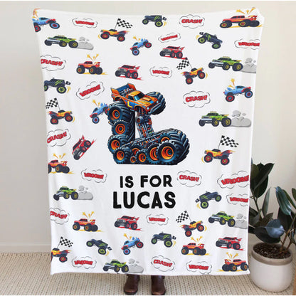 Personalized Monster Truck Blanket for Boys - Custom Name Truck Blanket