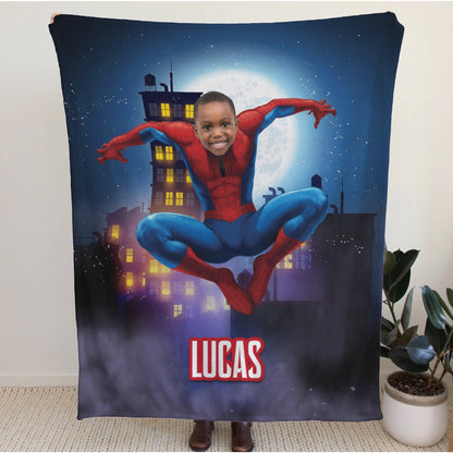 Personalized Spider Superhero Photo Blanket for Kids – Custom Face & Name Fleece Throw Gift
