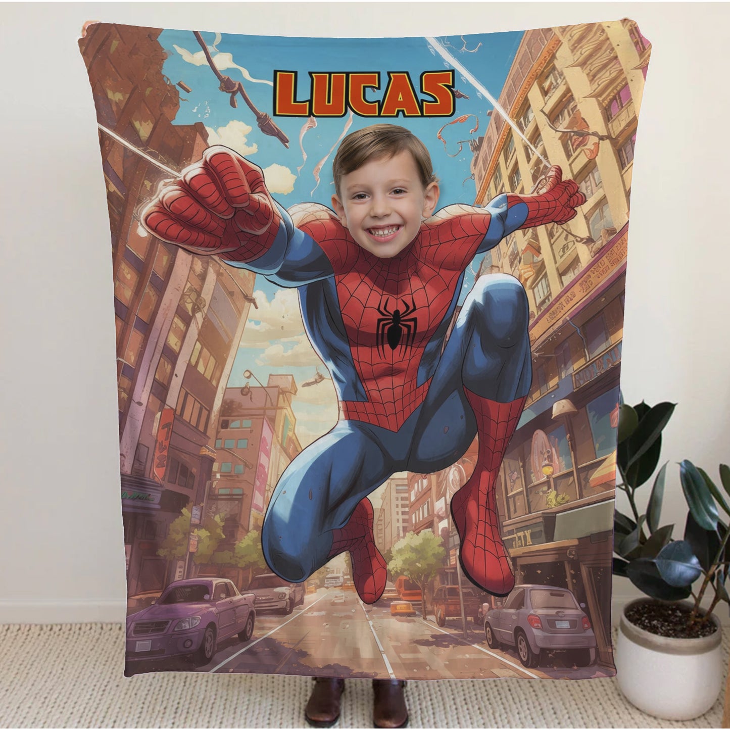 Personalized Spider Superhero Flying Photo Blanket for Kids – Custom Face & Name Fleece Throw Gift