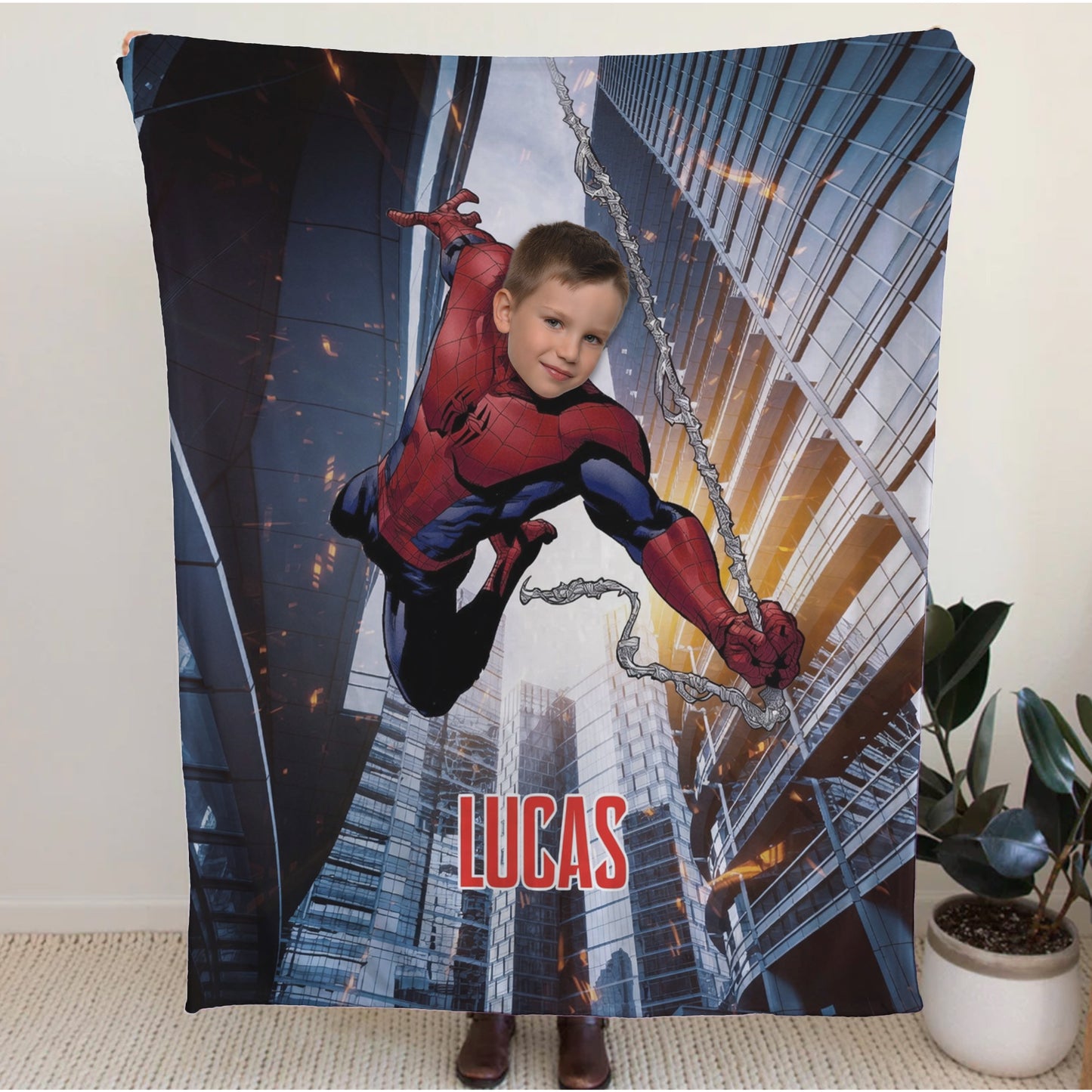 Personalized Spider Superhero Swing Photo Blanket for Kids – Custom Face & Name Fleece Throw Gift