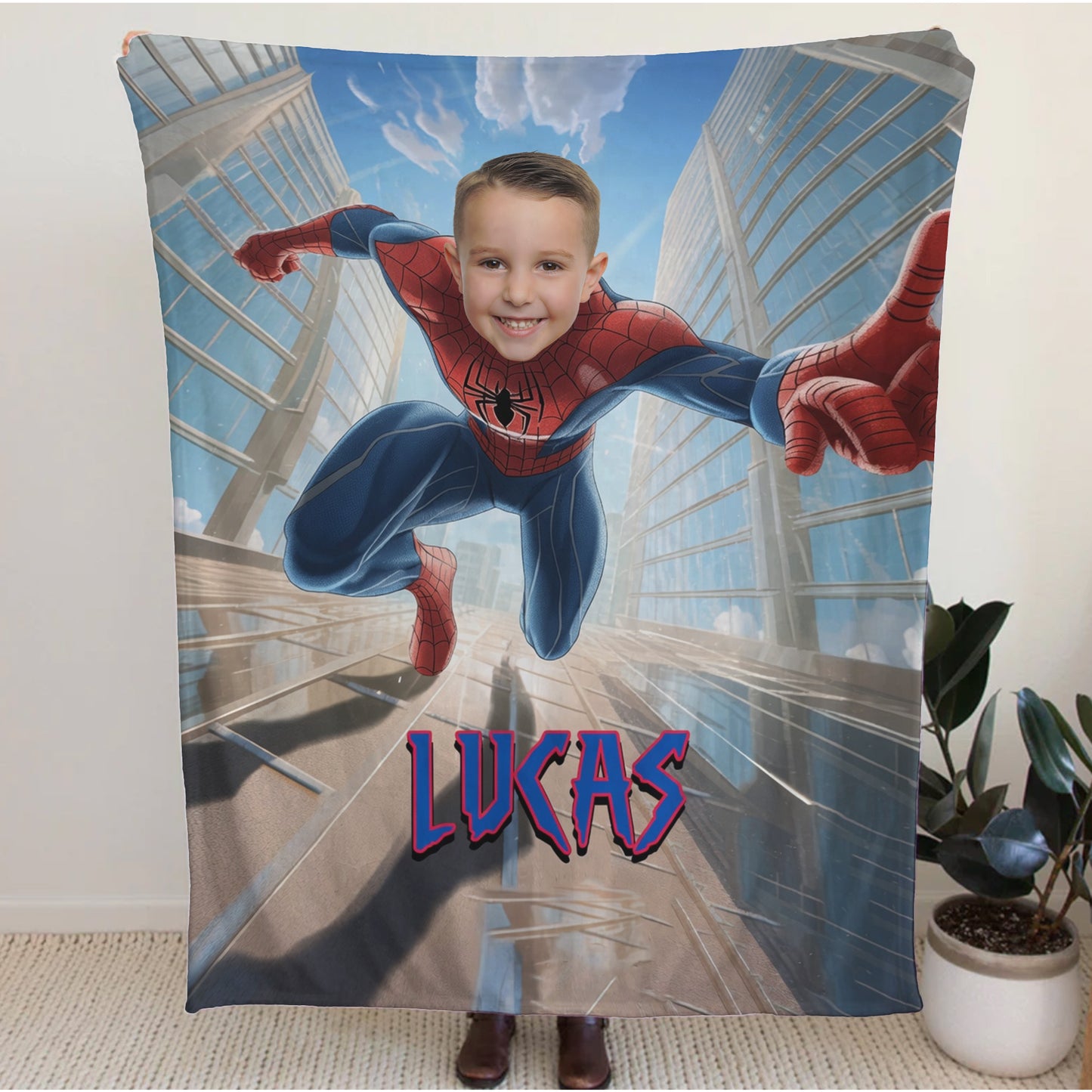 Personalized Spider Superhero Action Photo Blanket for Kids – Custom Face & Name Fleece Throw Gift