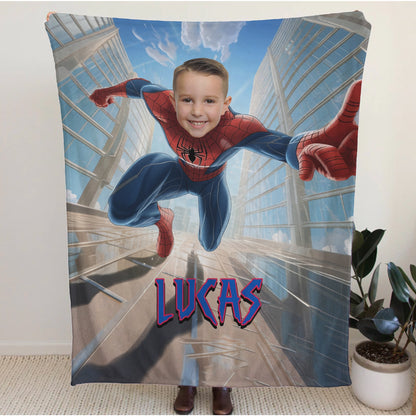 Personalized Spider Superhero Action Photo Blanket for Kids – Custom Face & Name Fleece Throw Gift