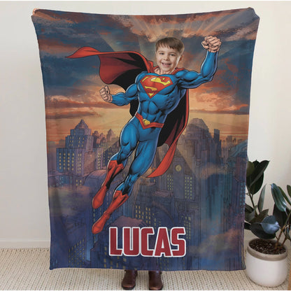 Personalized Superhero Flying Photo Blanket for Kids – Custom Face & Name Fleece Throw Gift