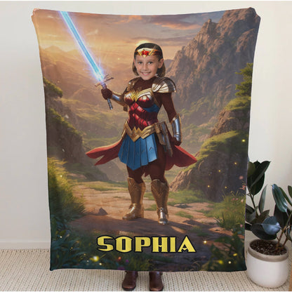Personalized Wonder Woman Blanket Custom Photo Superhero Throw Blanket for Girls
