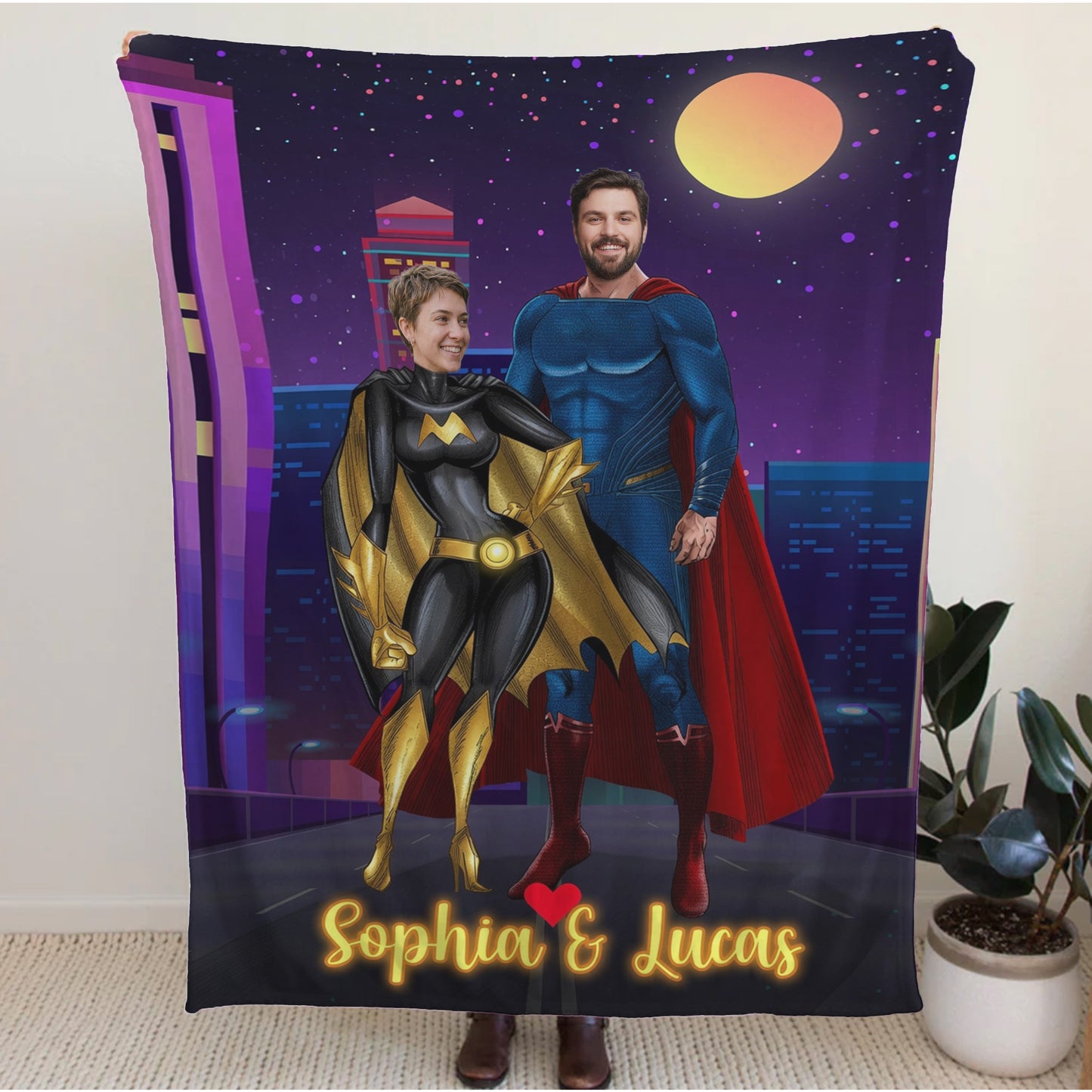 Personalized Superhero Couple Photo Blanket – Custom Two Faces & Names Fleece Throw Gift for Couples