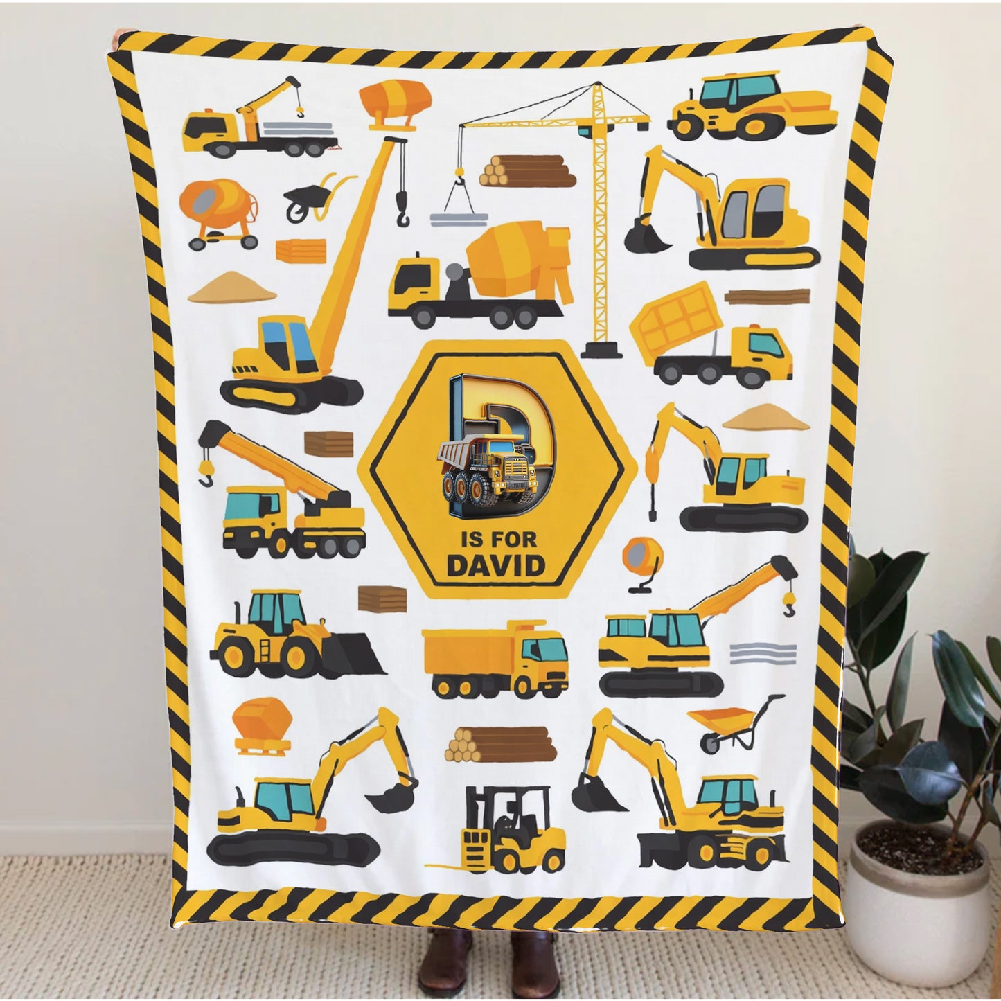 Personalized Construction Vehicle Blanket for Boys