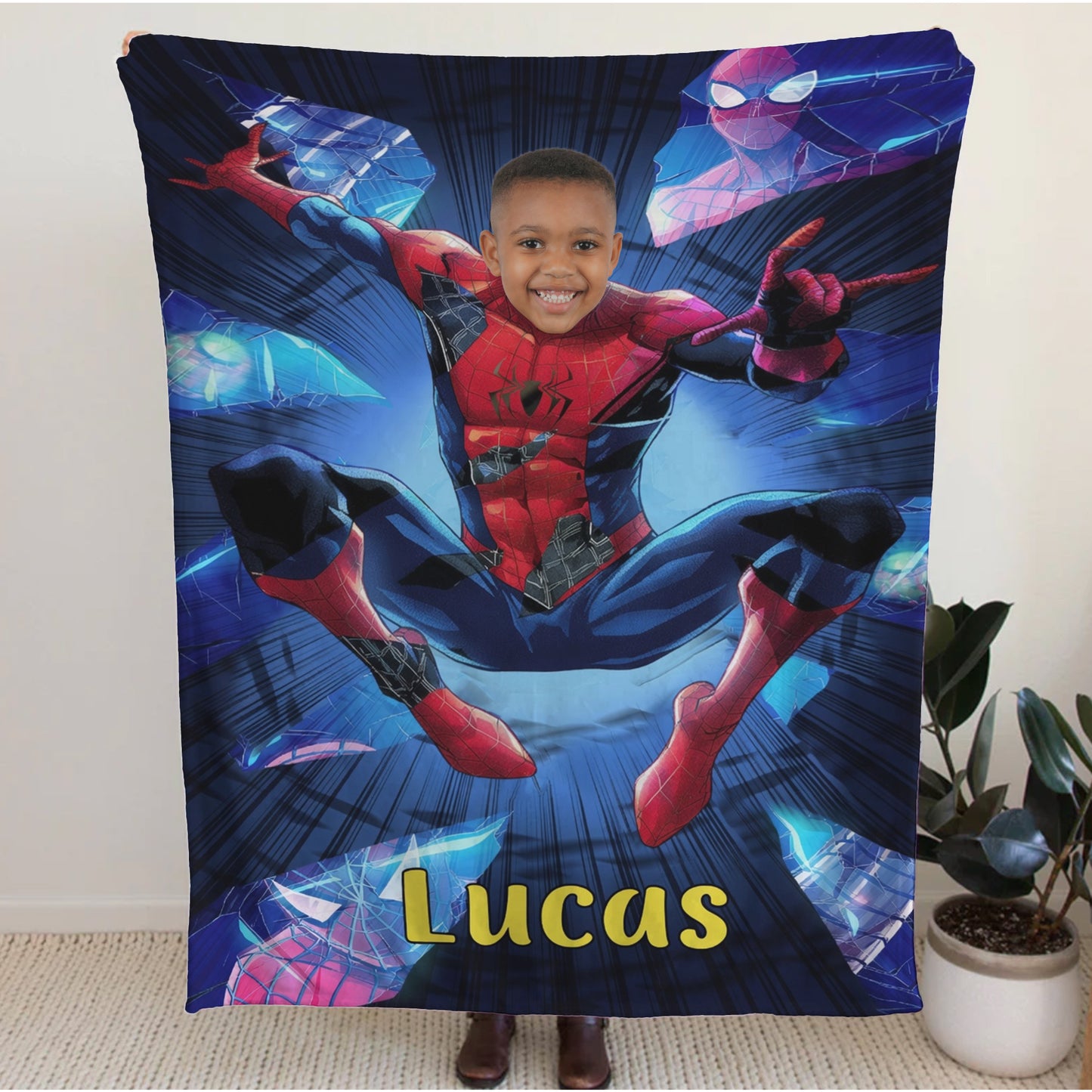 Personalized Spider Hero Blanket with Photo - Custom Kids Superhero Fleece Blanket