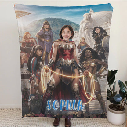 Personalized Wonder Woman Blanket Custom Photo Superhero Throw Blanket for Girls