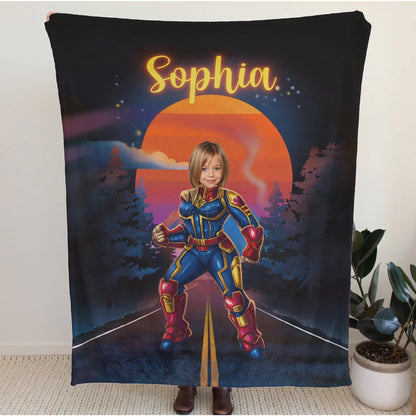 Personalized Superhero Girl Photo Blanket - Custom Face Hero Blanket for Girls