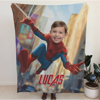 Personalized Spider Superhero Web-Swing Photo Blanket for Kids