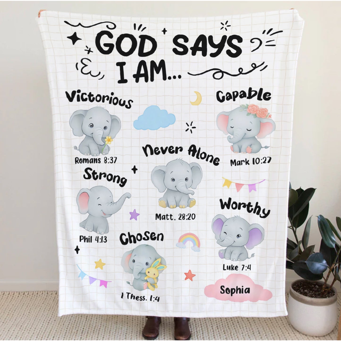 Personalized Christian Elephant Blanket for Girls