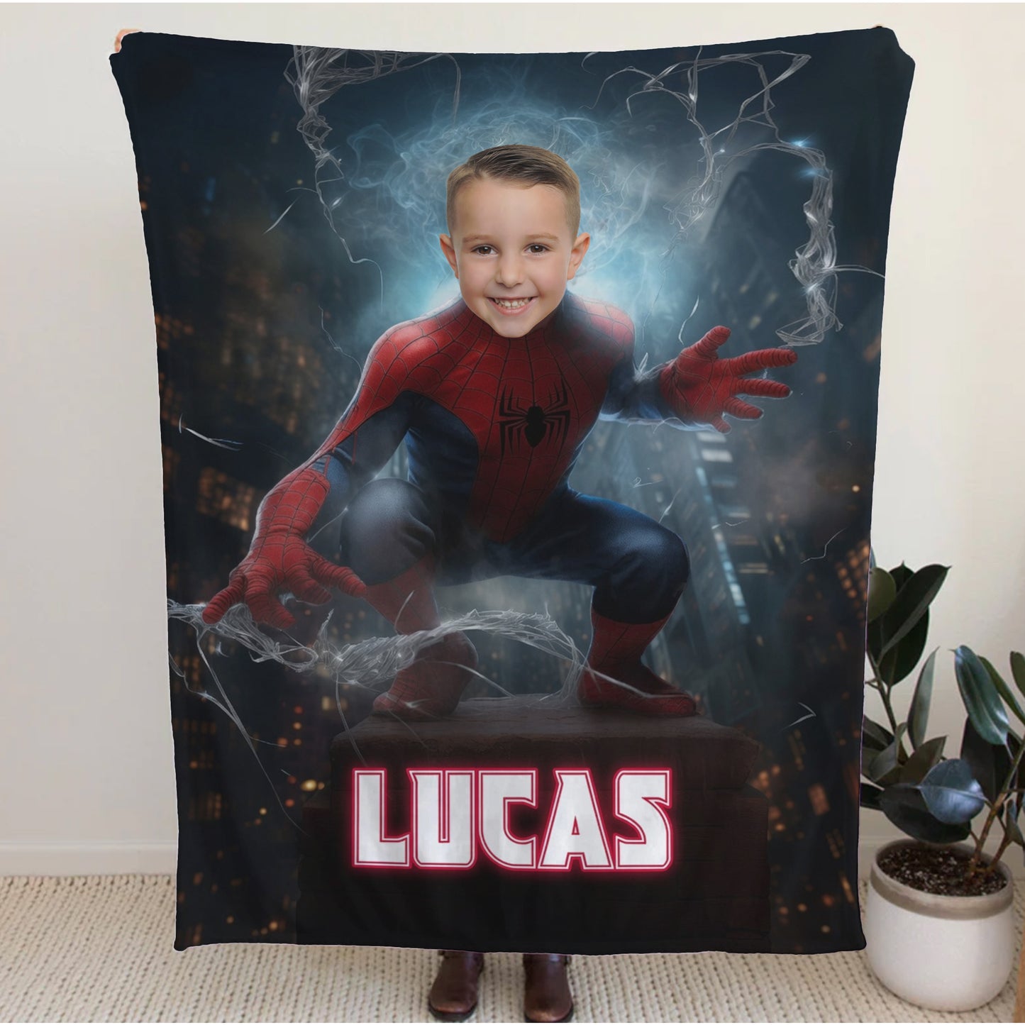 Personalized Spider Superhero Night Action Photo Blanket for Kids