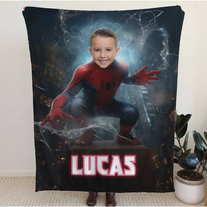 Personalized Spider Superhero Night Action Photo Blanket for Kids