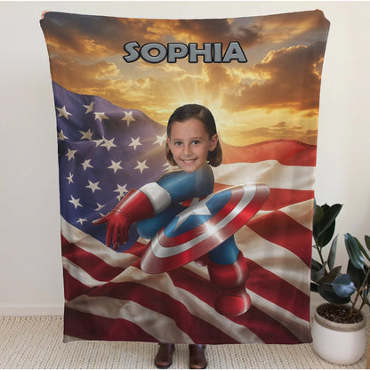 Personalized Superhero Photo Blanket for Kids - Custom Face Blanket with Name