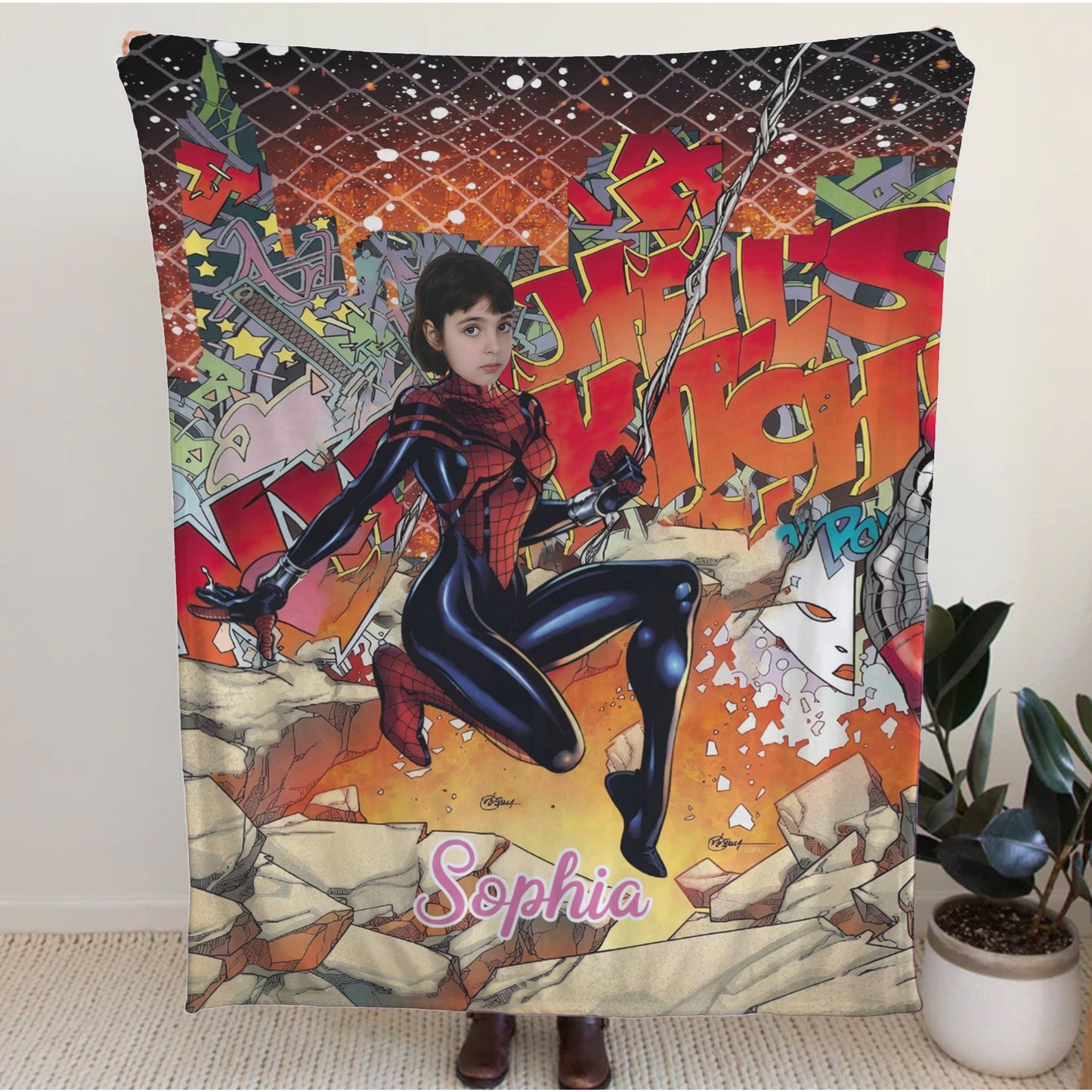 Personalized Spider Hero Girl Blanket with Photo - Custom Superhero Fleece Blanket for Girls