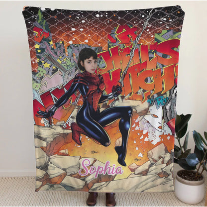 Personalized Spider Hero Girl Blanket with Photo - Custom Superhero Fleece Blanket for Girls