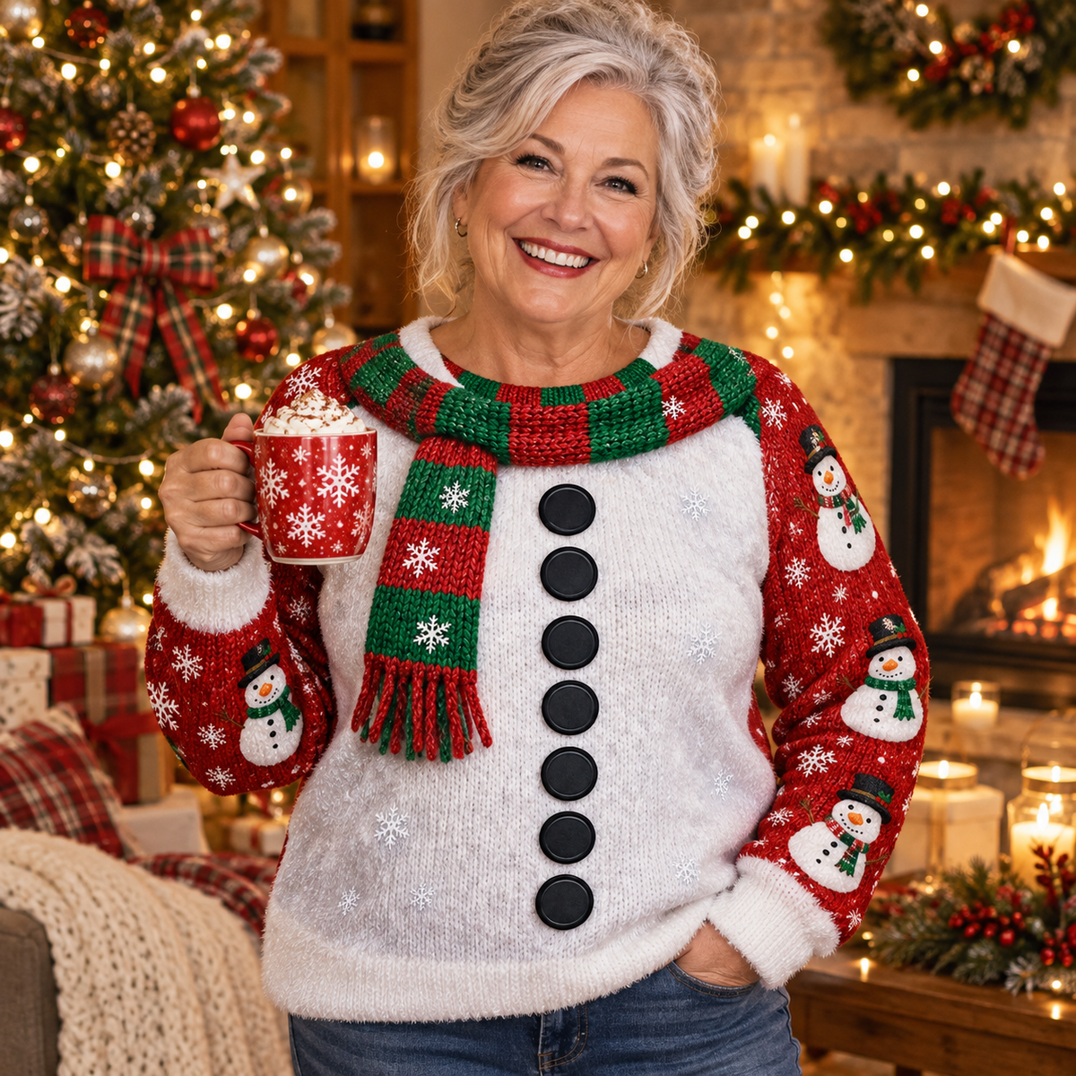 Grandma wearing a snowman ugly Christmas sweater in a cozy living room