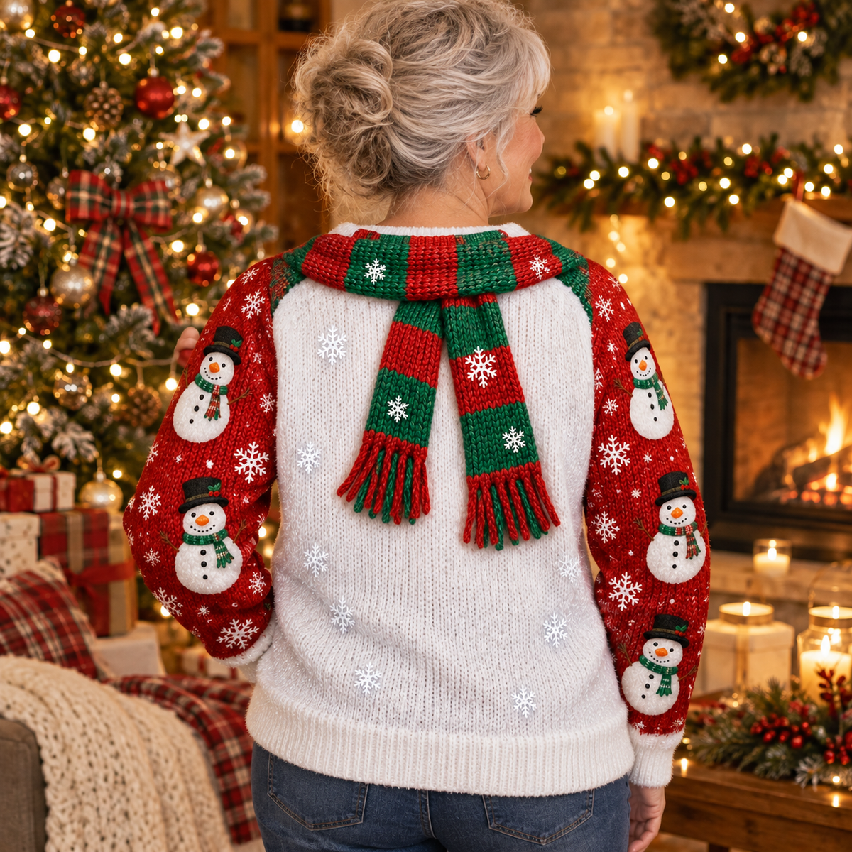 Back of the snowman ugly Christmas sweater with knit scarf print
