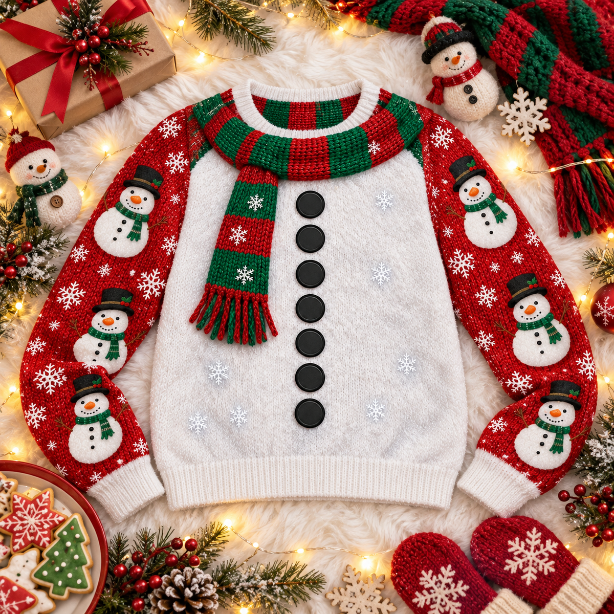 Snowman ugly Christmas sweater laid flat with knitted ornaments and cookies
