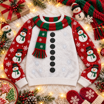Snowman ugly Christmas sweater laid flat with knitted ornaments and cookies