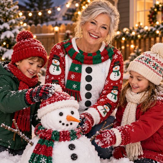 Grandma in a snowman sweater building a snowman with grandkids