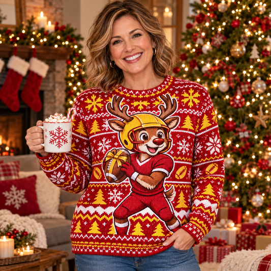 Woman wearing the Reindeer Quarterback football ugly Christmas sweater in a cozy Christmas living room