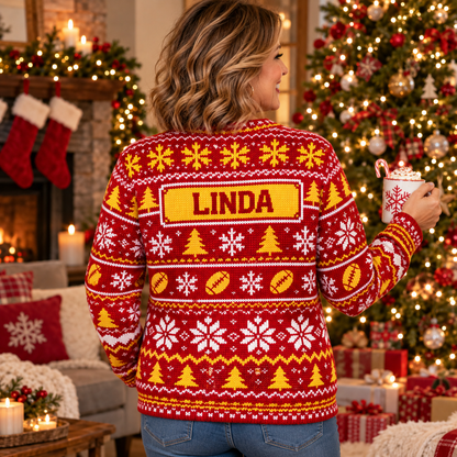 Back view of the Reindeer Quarterback ugly Christmas sweater with the sample name LINDA on the nameplate