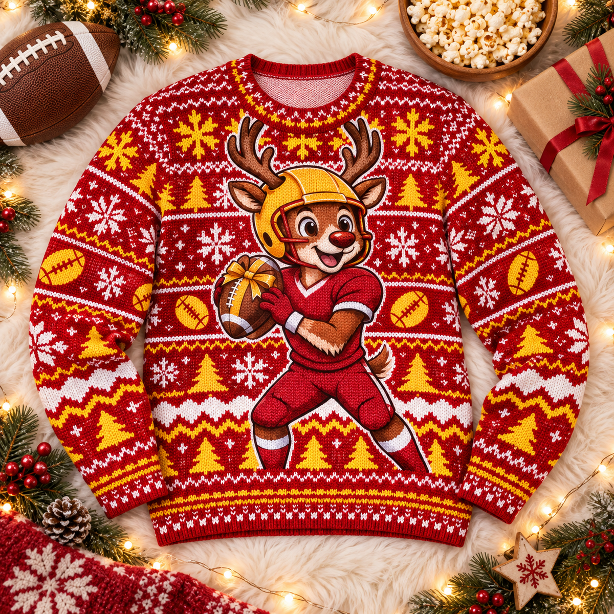 Reindeer Quarterback football ugly Christmas sweater laid flat on a white faux-fur blanket with a football and popcorn