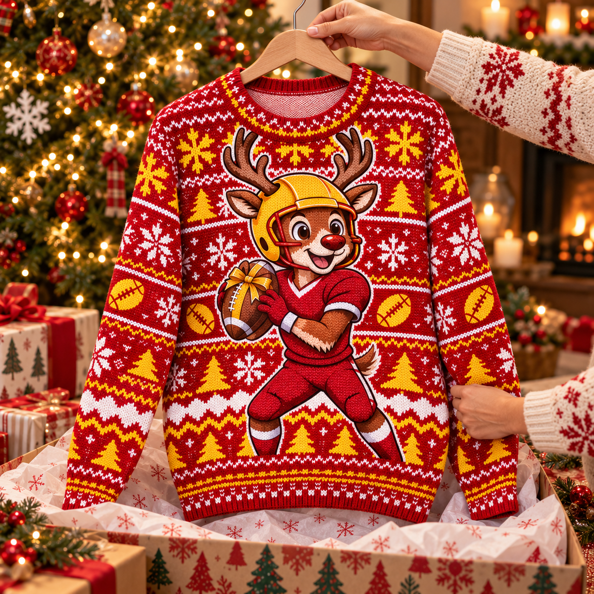 Reindeer Quarterback ugly Christmas sweater on a wooden hanger above an opened gift box