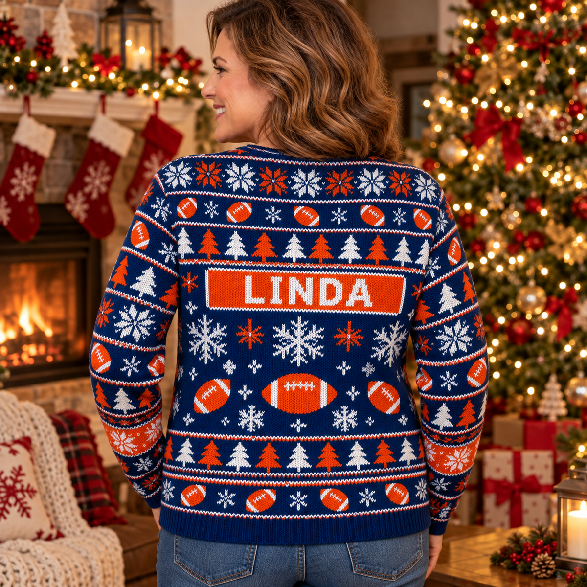 Back view of the Snowman Linebacker ugly Christmas sweater with the sample name LINDA on the nameplate