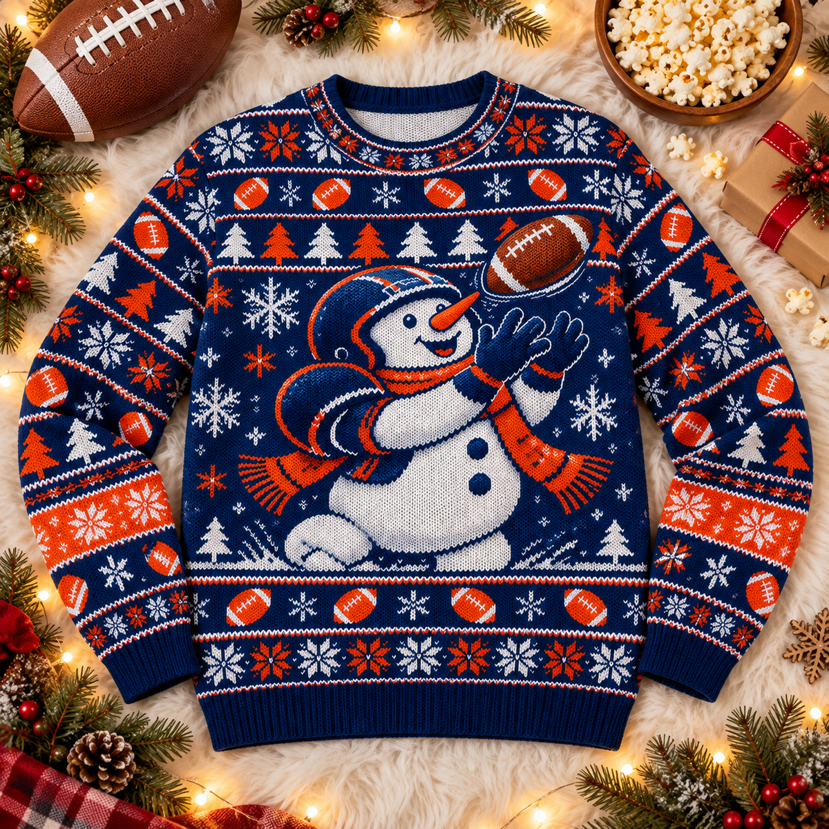 Snowman Linebacker football ugly Christmas sweater laid flat on a white faux-fur blanket with a football and popcorn