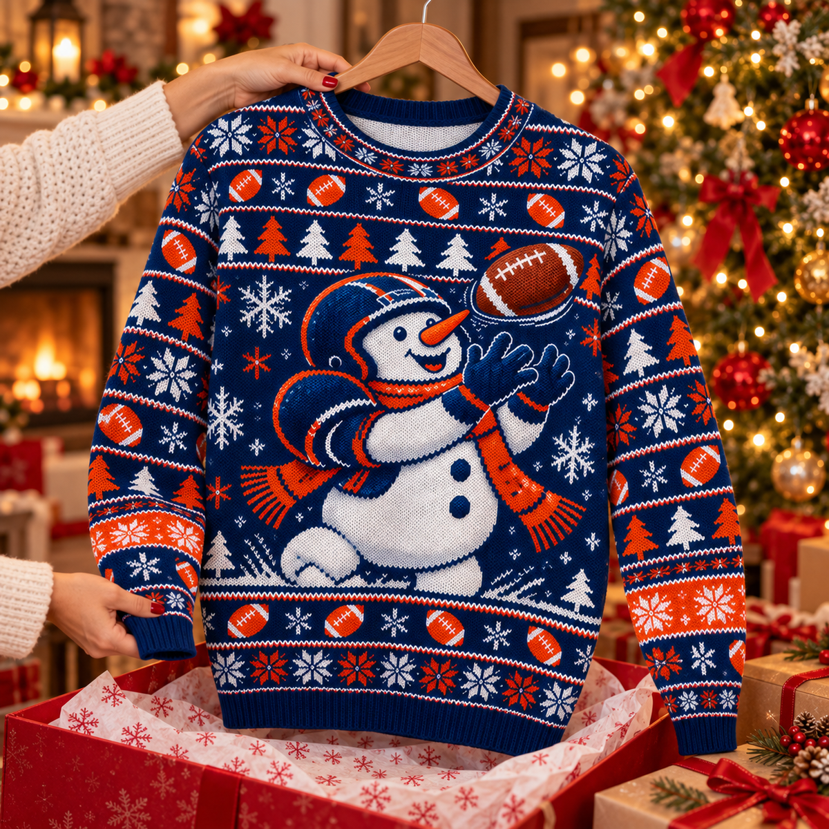Snowman Linebacker ugly Christmas sweater on a wooden hanger above an opened gift box