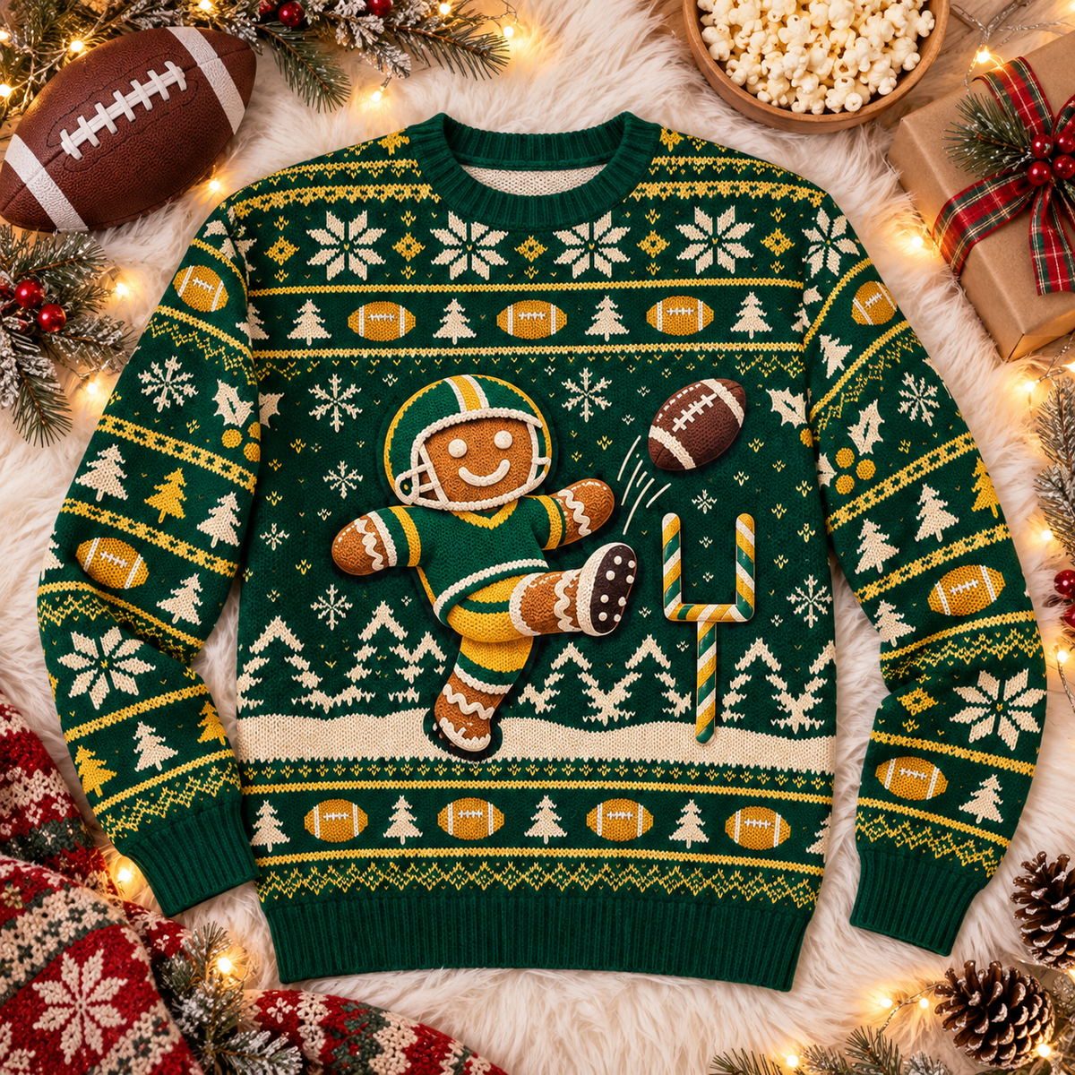 Gingerbread Kicker football ugly Christmas sweater laid flat on a white faux-fur blanket with a football and popcorn