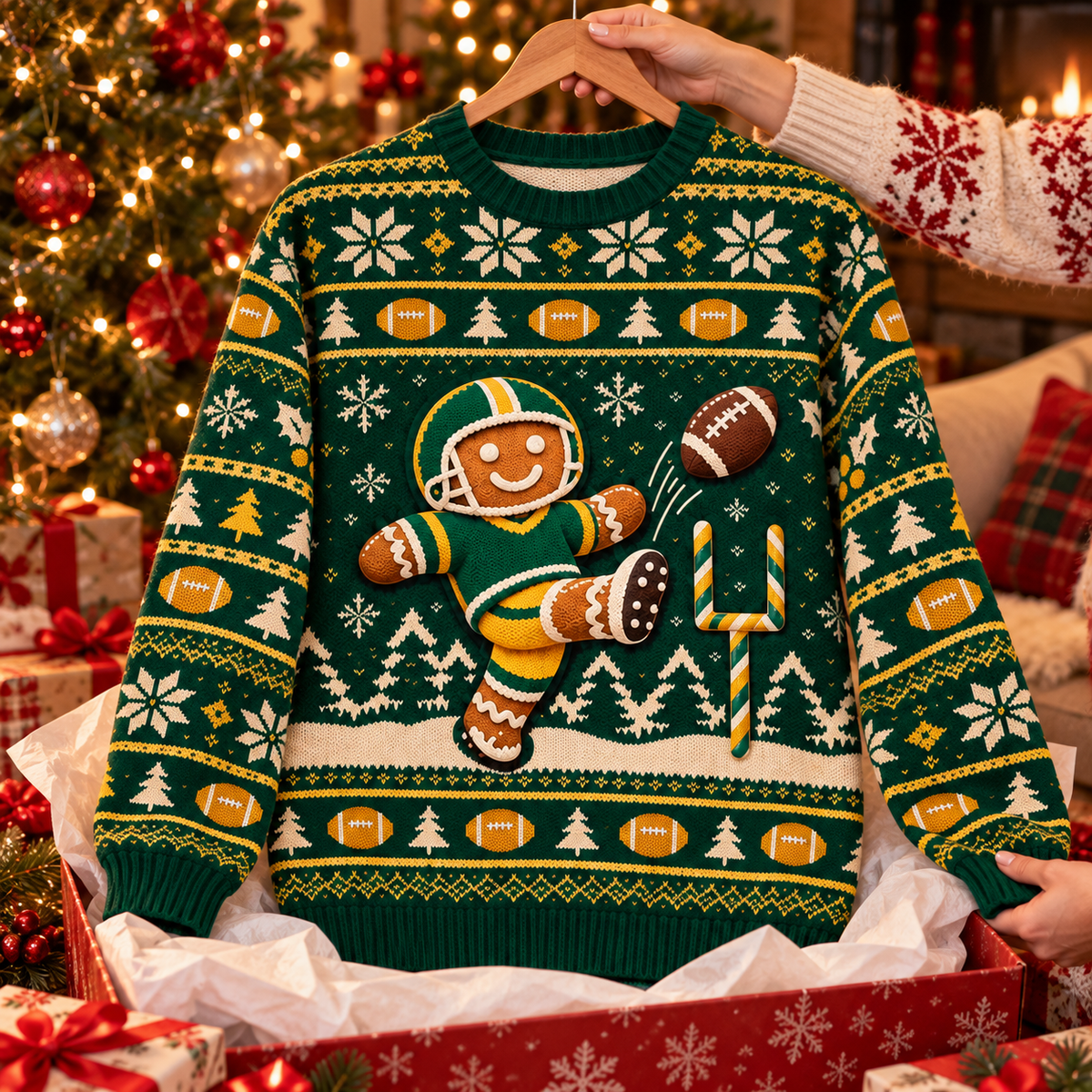 Gingerbread Kicker ugly Christmas sweater on a wooden hanger above an opened gift box
