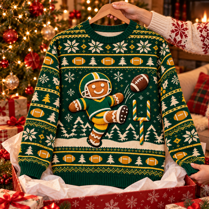 Gingerbread Kicker ugly Christmas sweater on a wooden hanger above an opened gift box